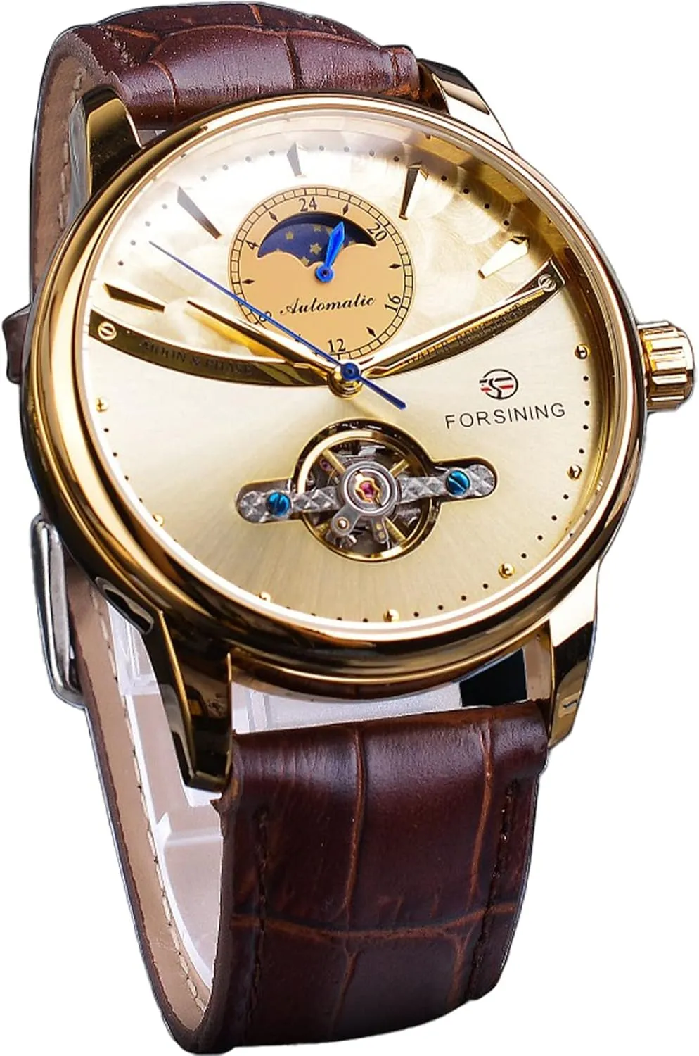 Moon Phase Tourbillon star posthumous kittiwake rugged Stainless Steel Waterproof Self-wind Retro Watches, Automatic Leather Belt Wristwatch FORSINING Men's Watch Mechanical 