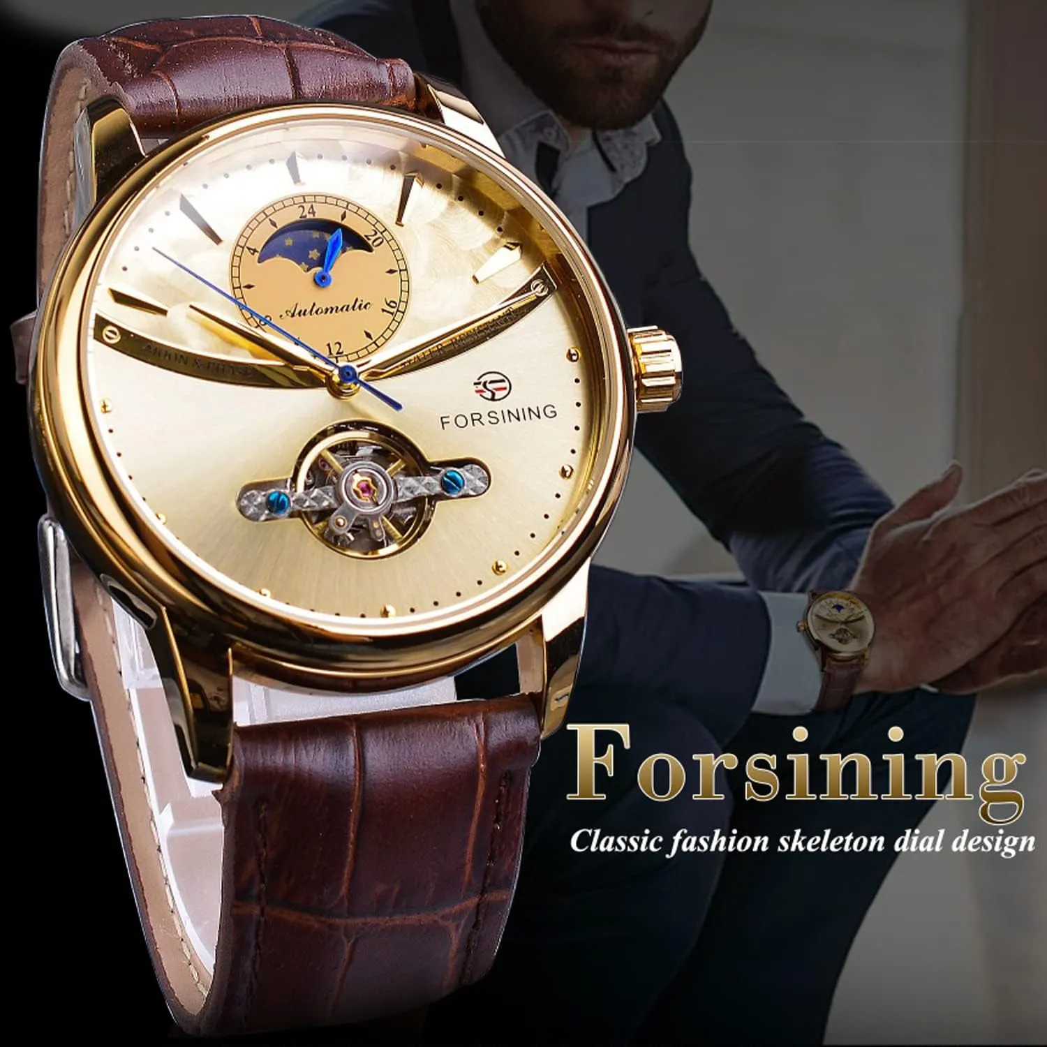 Moon Phase Tourbillon star posthumous kittiwake rugged Stainless Steel Waterproof Self-wind Retro Watches, Automatic Leather Belt Wristwatch FORSINING Men's Watch Mechanical 