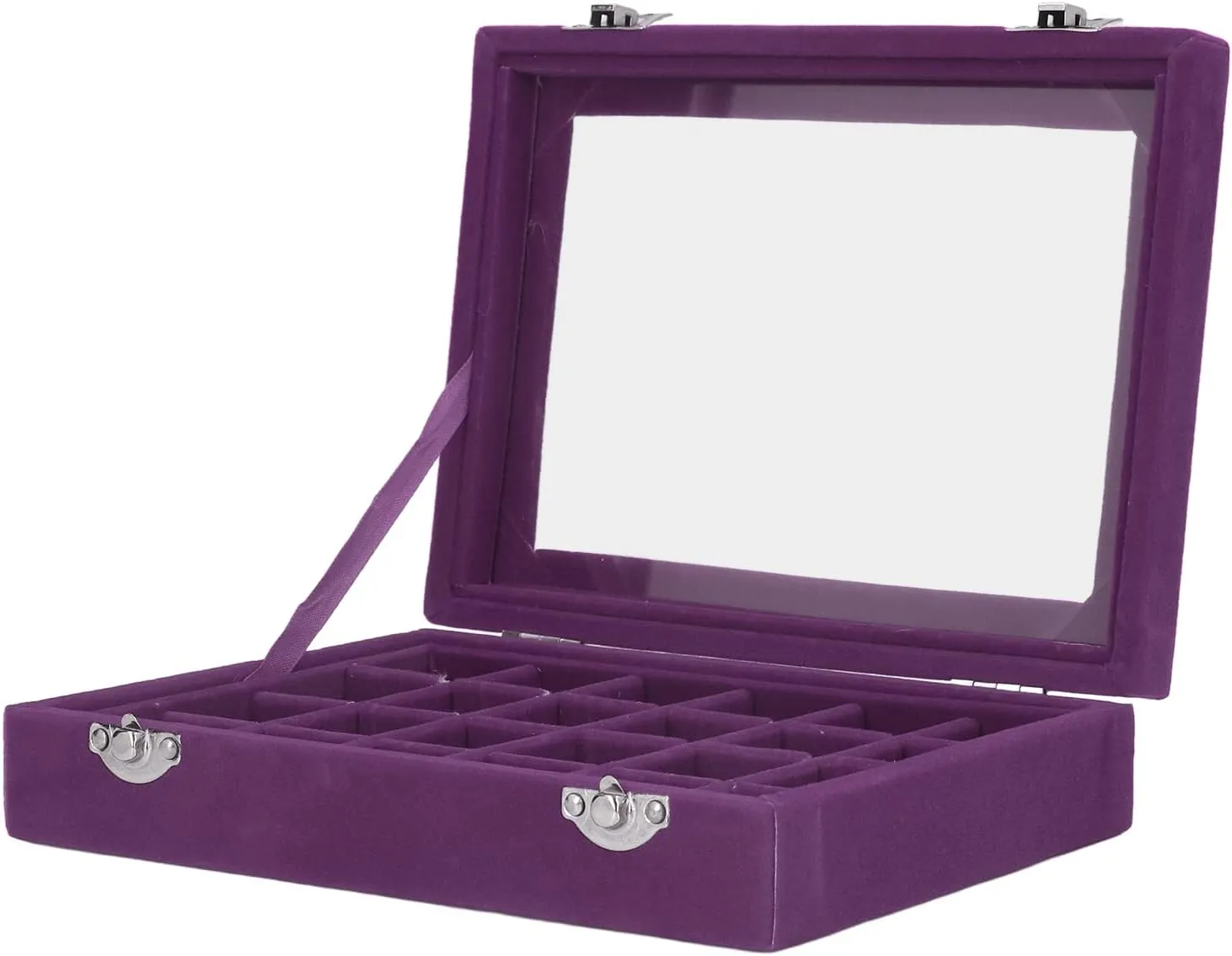 More, Clear (Purple) Compact severe Organization, Elegant Design, Versatile Storage Small Velvet Jewelry Box Organizer with 24 Compartments for Earrings, Rings, Bracelets, Watches, Pins, and 
