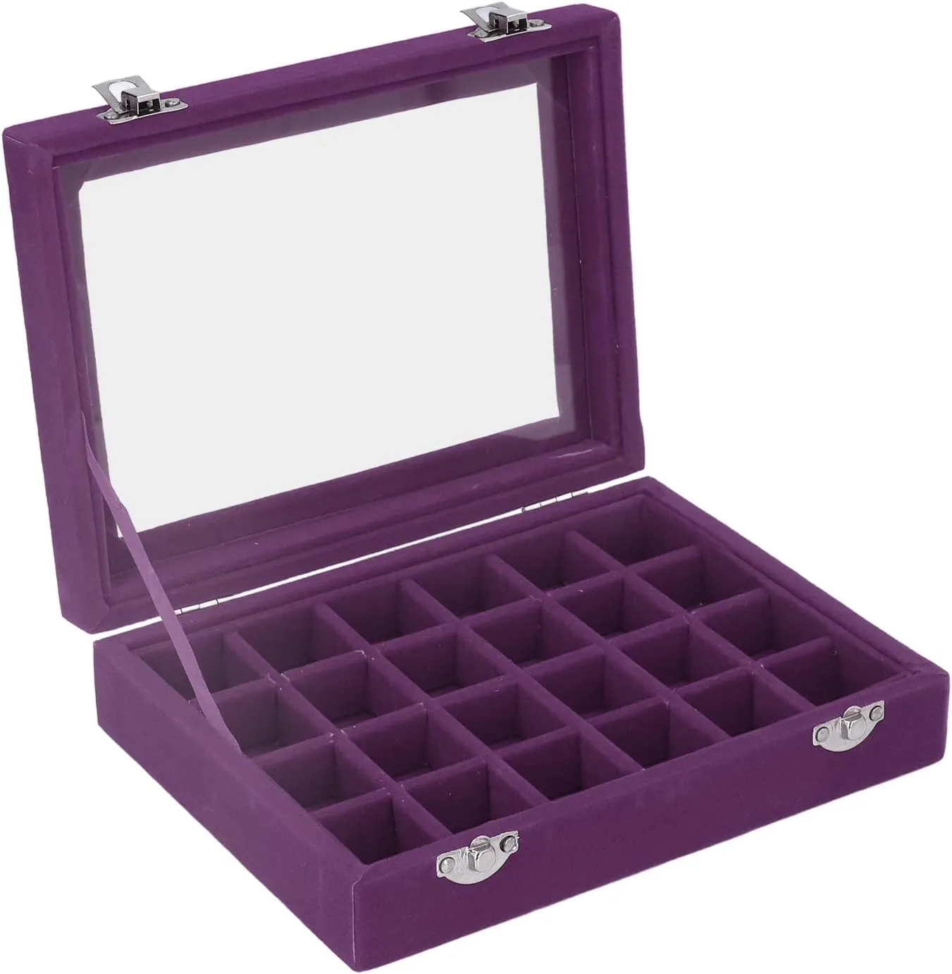 More, Clear (Purple) Compact severe Organization, Elegant Design, Versatile Storage Small Velvet Jewelry Box Organizer with 24 Compartments for Earrings, Rings, Bracelets, Watches, Pins, and 