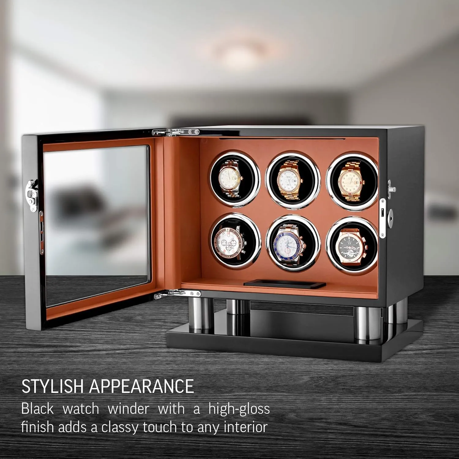 Motor-Stop Option Watch Winder irresistible for 6 Watches with LED Backlight, LCD Display and 