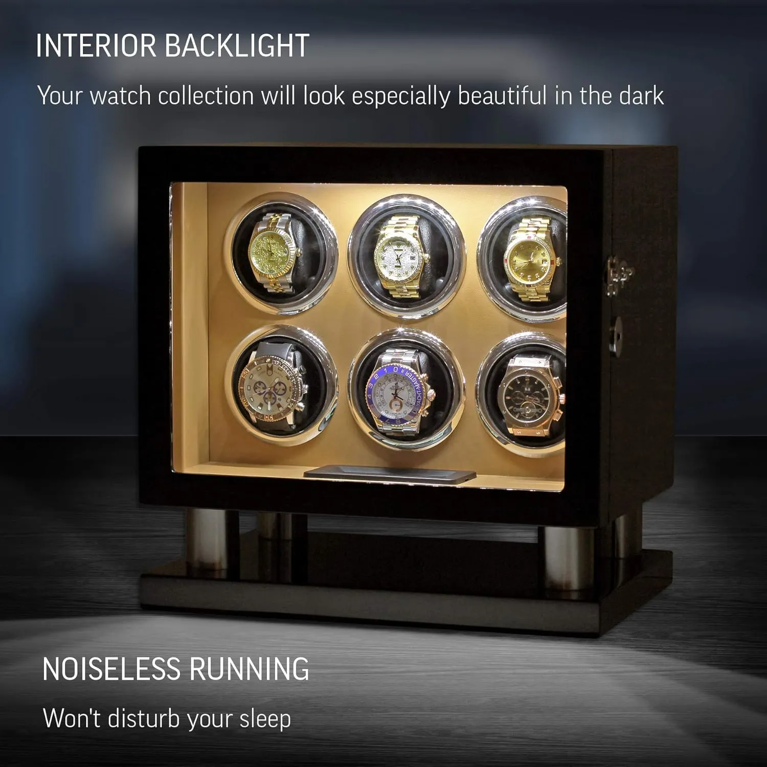 Motor-Stop Option Watch Winder irresistible for 6 Watches with LED Backlight, LCD Display and 