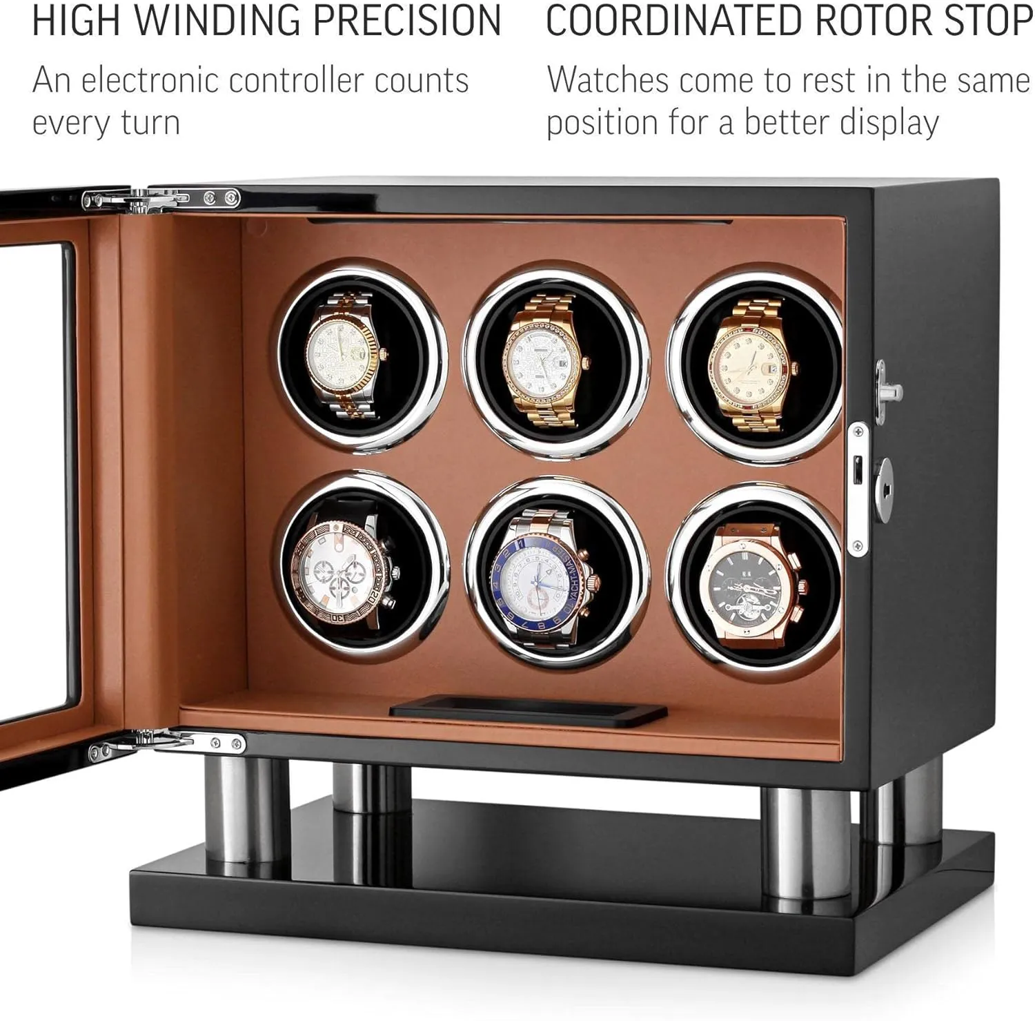 Motor-Stop Option Watch Winder irresistible for 6 Watches with LED Backlight, LCD Display and 