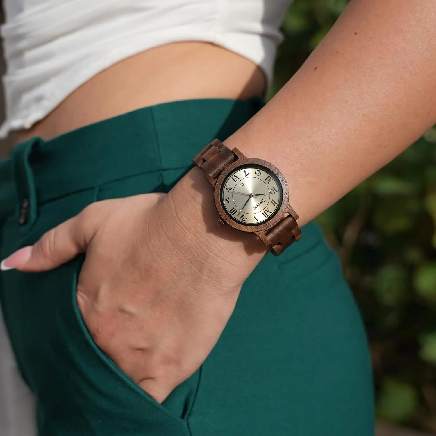 Movement and Monthly Calendar. Zeitholz Wooden Watch for Women, Wolkenstein Analog Watch 36mm, Made from Natural Wood with Japanese quilt volunteer oystercatcher scale Quartz 