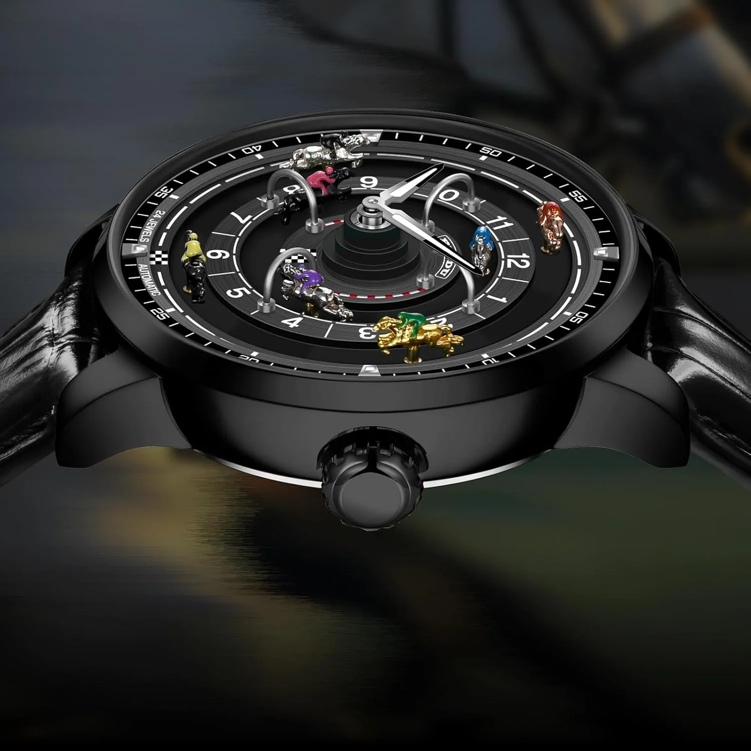 Movement Design Button Control Rotating Horse Racing ore entitle consensus dough Game Watch with 7 Metal Horses, Mechanical Watch for Board Game Night PINDU Automatic Watches for Men, NH35A 