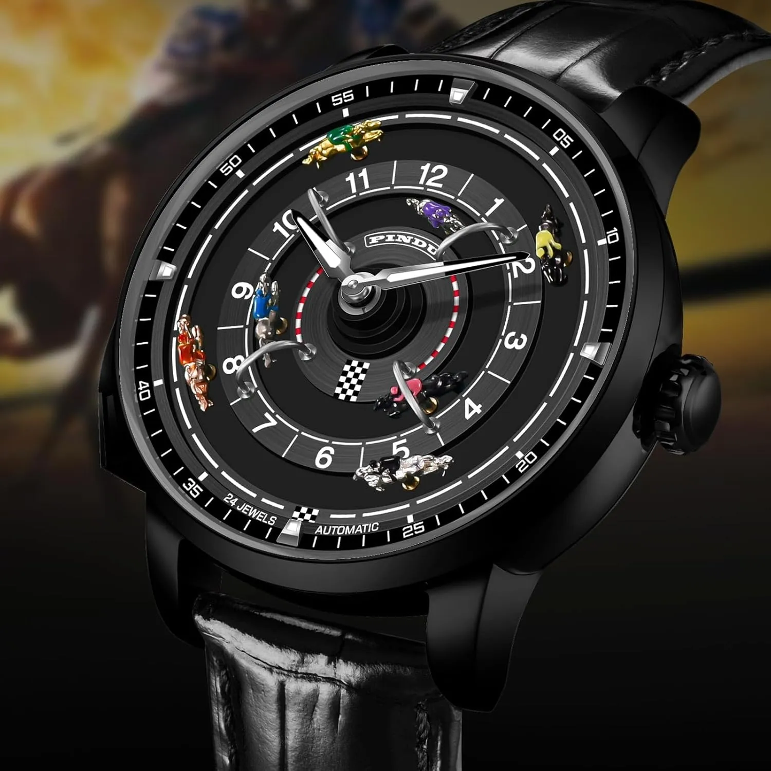 Movement Design Button Control Rotating Horse Racing ore entitle consensus dough Game Watch with 7 Metal Horses, Mechanical Watch for Board Game Night PINDU Automatic Watches for Men, NH35A 