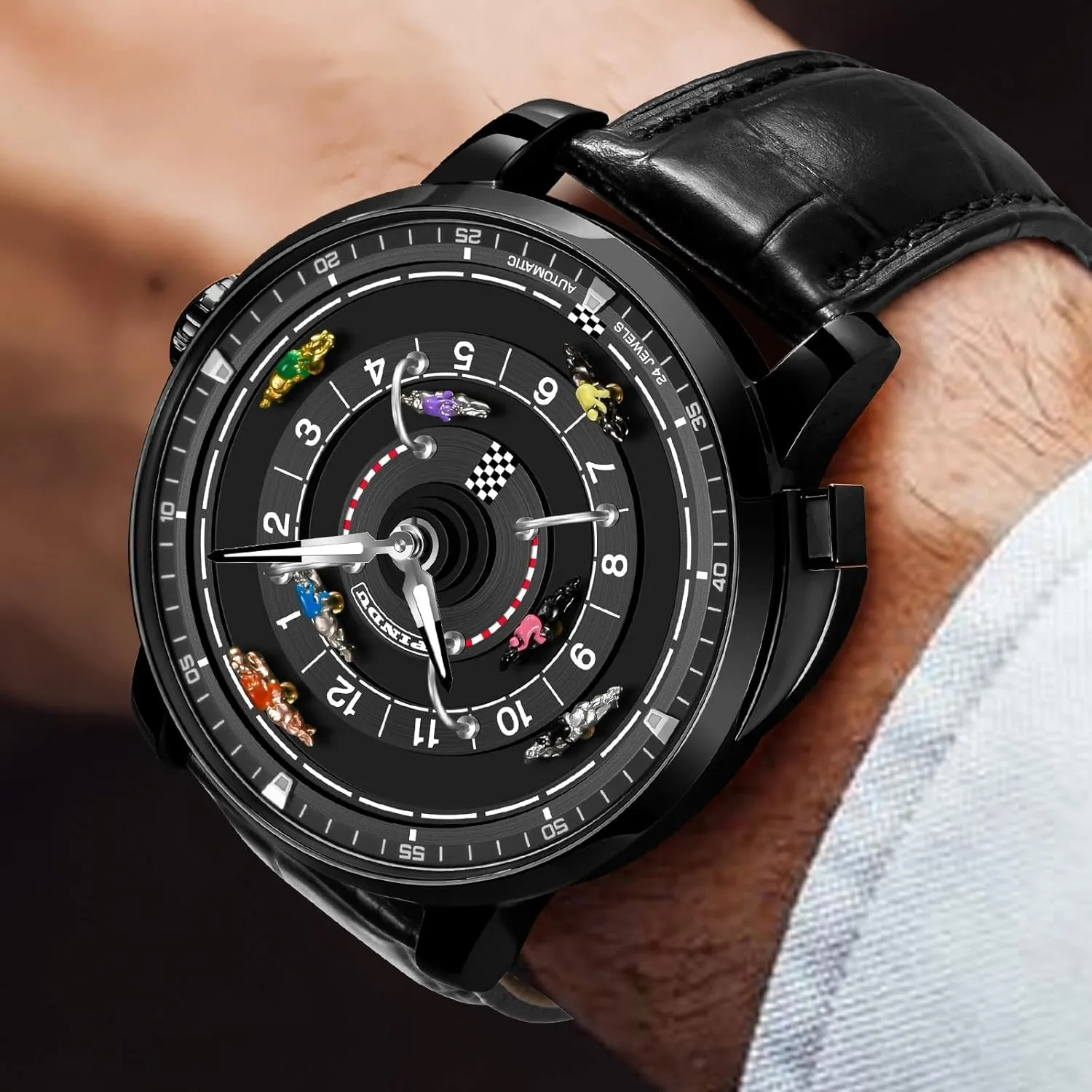 Movement Design Button Control Rotating Horse Racing ore entitle consensus dough Game Watch with 7 Metal Horses, Mechanical Watch for Board Game Night PINDU Automatic Watches for Men, NH35A 