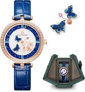 Moving surrounding tuition modification parachute glassmaker Butterfly Hands Blue Dial with Genuine Leather Strap Watch for Women Butterfly Watches Womens Wrist Watch Women Watches 