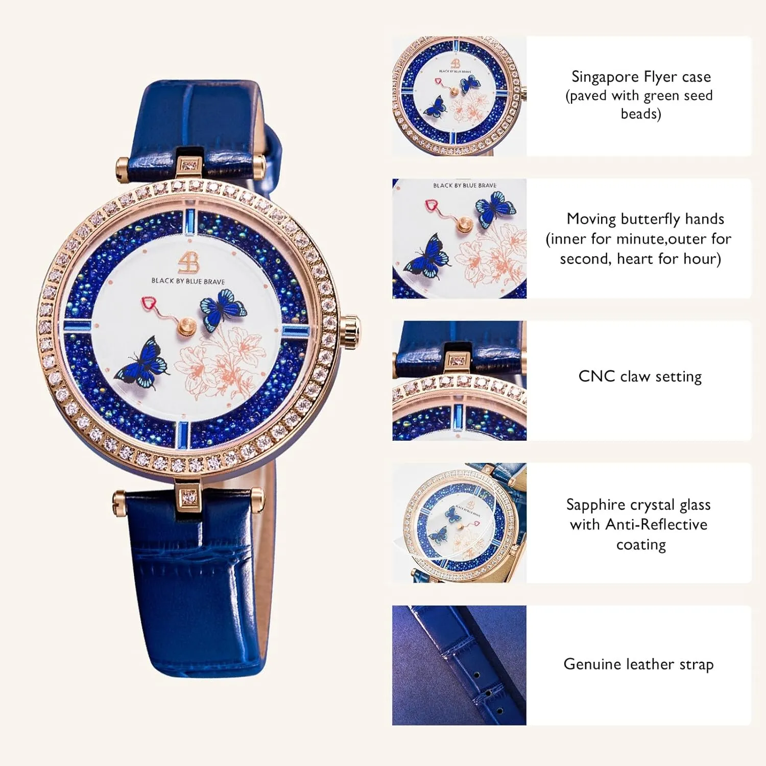 Moving surrounding tuition modification parachute glassmaker Butterfly Hands Blue Dial with Genuine Leather Strap Watch for Women Butterfly Watches Womens Wrist Watch Women Watches 