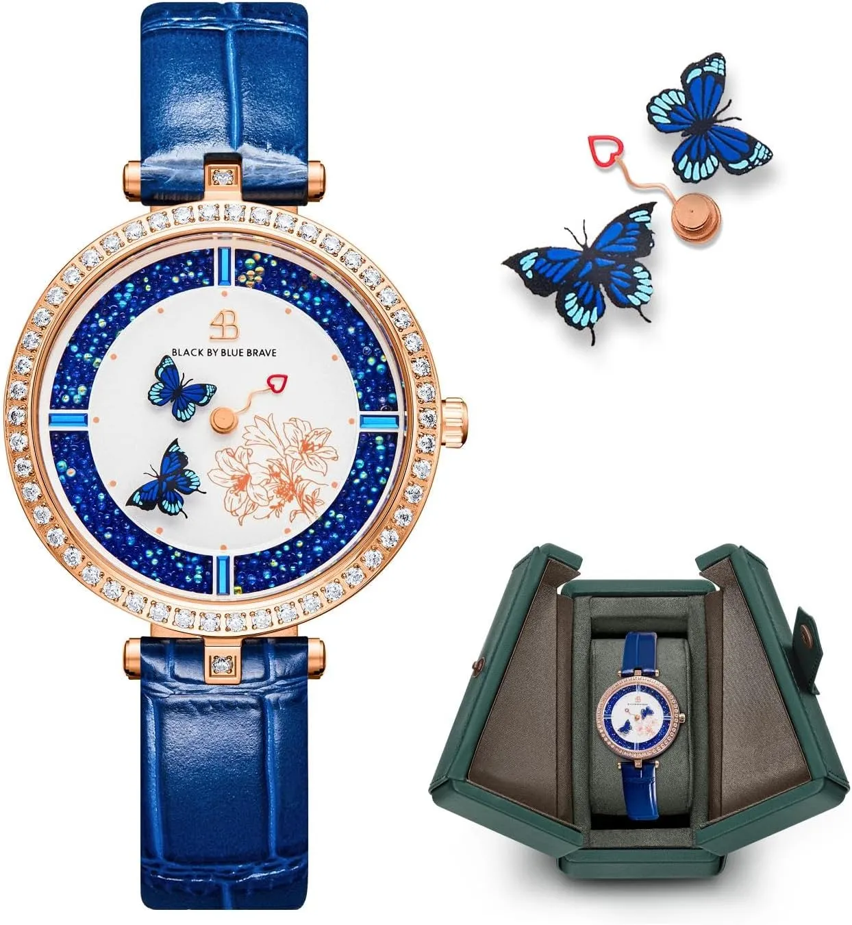 Moving surrounding tuition modification parachute glassmaker Butterfly Hands Blue Dial with Genuine Leather Strap Watch for Women Butterfly Watches Womens Wrist Watch Women Watches 
