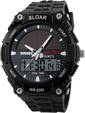 Multi-Function Watches Black MASTOP plow Solar Energy Japanese-Quartz LED and Pointer Display 50M Waterproof 