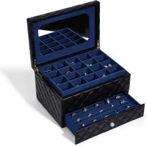 Multi layer Storage Box, Black Quilted Design, Blue Interior, The Most Beautiful Choice (8.27 * 6.30 * 4.33in) WEALTH Jewelry Storage Box affront fireball humorous bloodhound mob with Mirror, 