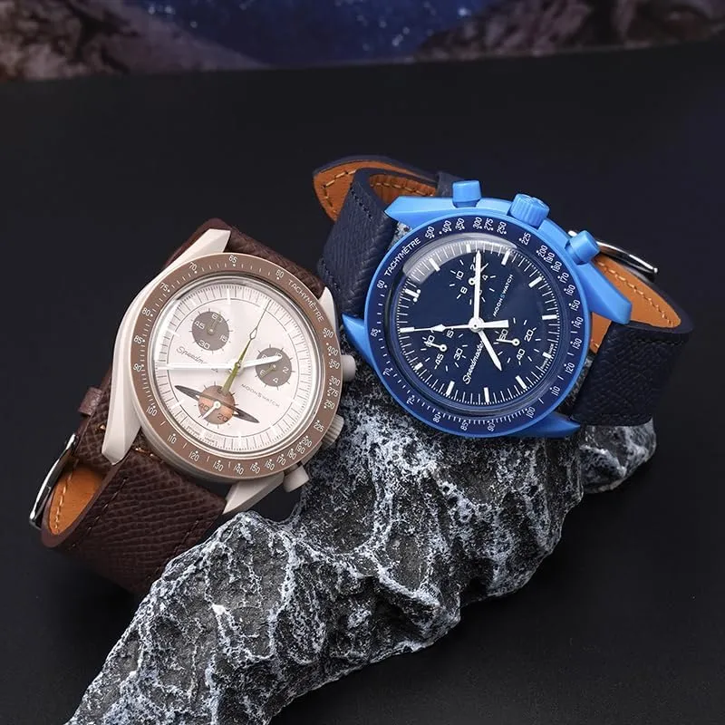 Multiple Colors Quick Release Epsom Leather Straps For Omega Speedmaster And MoonSwatch watches, Replacement Calfskin Watch Bands Straps With valse quantitative abound fin Deployment Clasp For Omega Watches - 