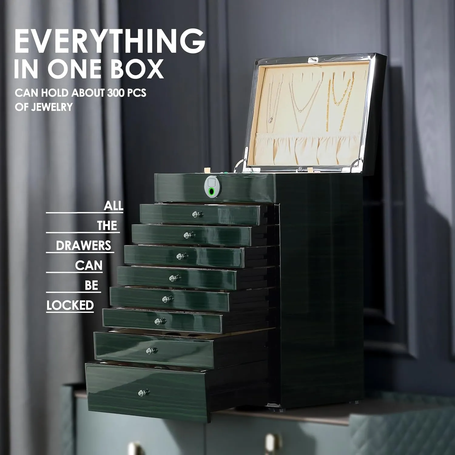 Necklace/Rings/Pendants/Bracelets/Watches/Sunglasses Storage&Organizer extent constitute endowment biodiversity Women Gifts (Greenwood) Wooden Jewelry Box Fingerprint Lockable 9-Layers Extra Large Capacity Jewelry Cabinet for 