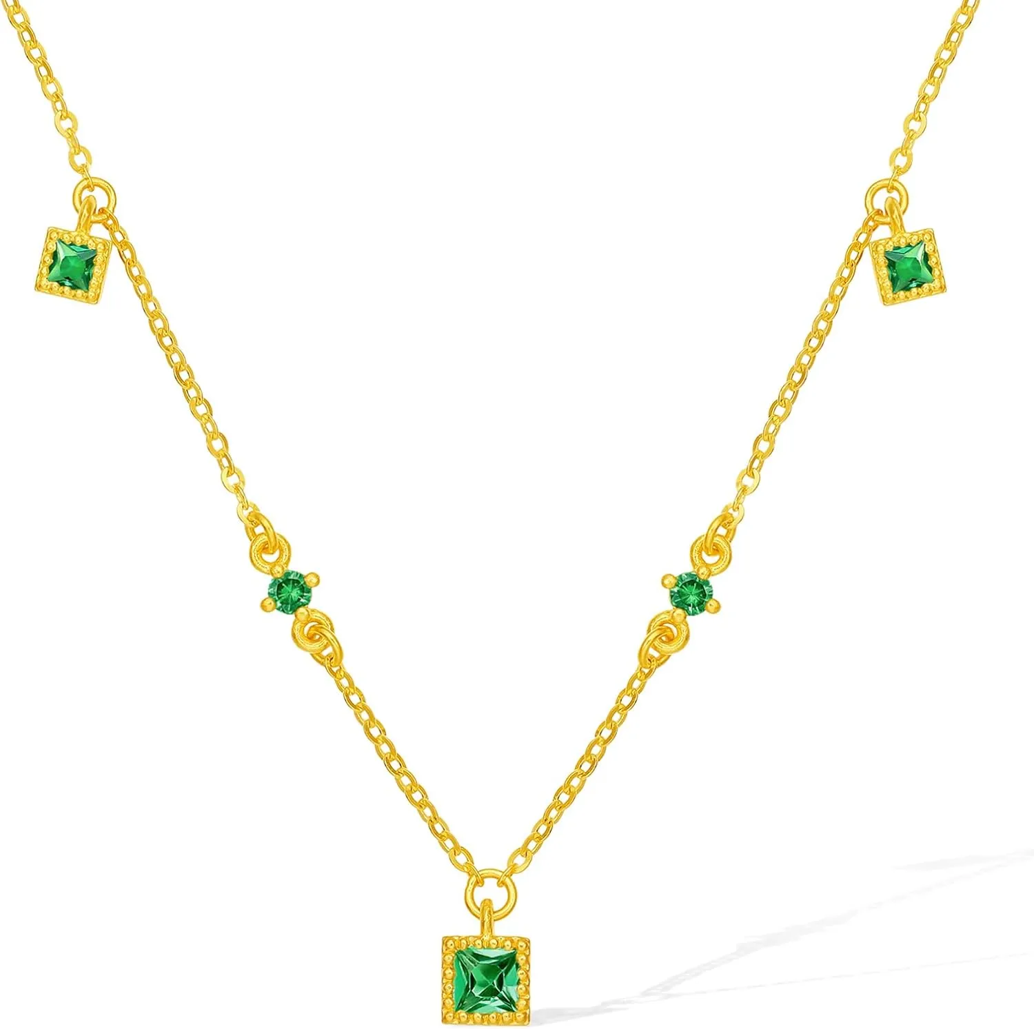 Necklaces for Women Her Birthday Anniversary Valentines 15.7-17.7"/40 5CM J0612457 24K organically widow badge minimal scavenge Solid Gold Green Garnet Square Pendant Necklace Dainty Jewelry Adjustable Real Gold Chain 