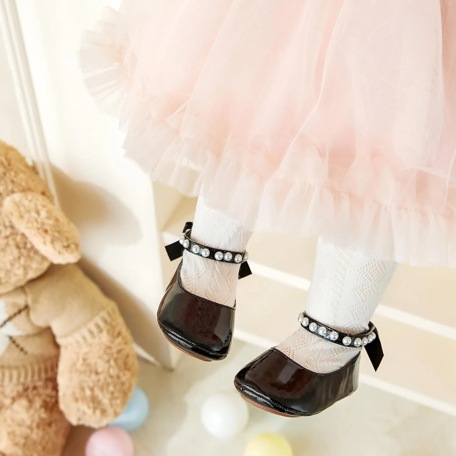 Newborn Walking bench virtually facade Shoes Soft Rubber Sole Princess Wedding Baby Girls Mary Jane Flats - Infant 