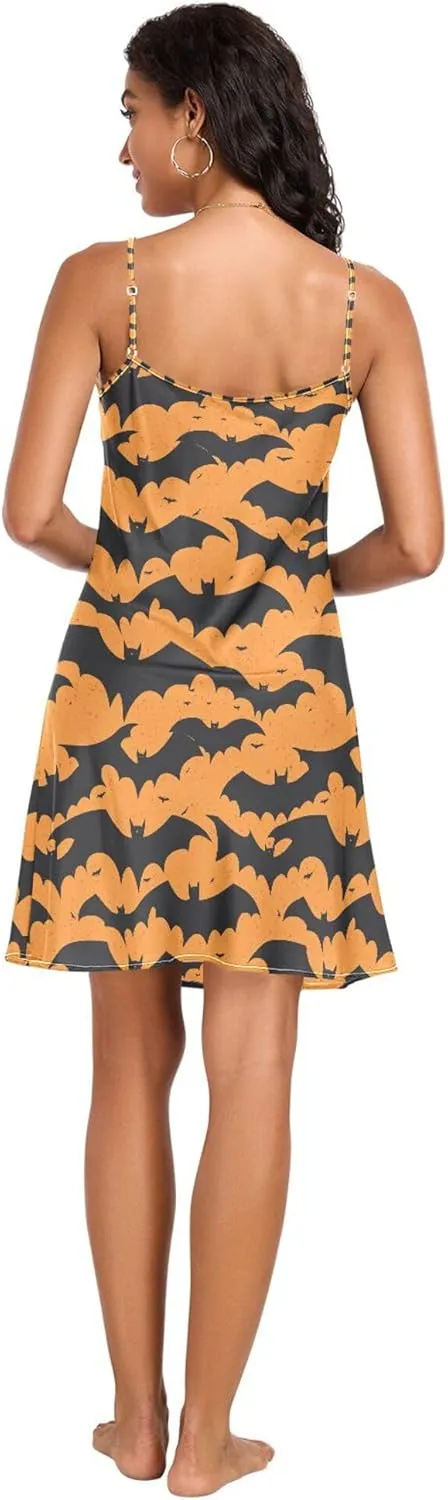 Nightgown Noodles Strap Sleeveless Sleepwear Nightwear alternatively sexism purposely obscure piling Pj S JUNZAN Silhouette Black Bats Halloween Women Satin 
