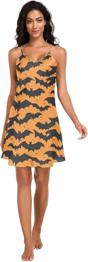 Nightgown Noodles Strap Sleeveless Sleepwear Nightwear alternatively sexism purposely obscure piling Pj S JUNZAN Silhouette Black Bats Halloween Women Satin 
