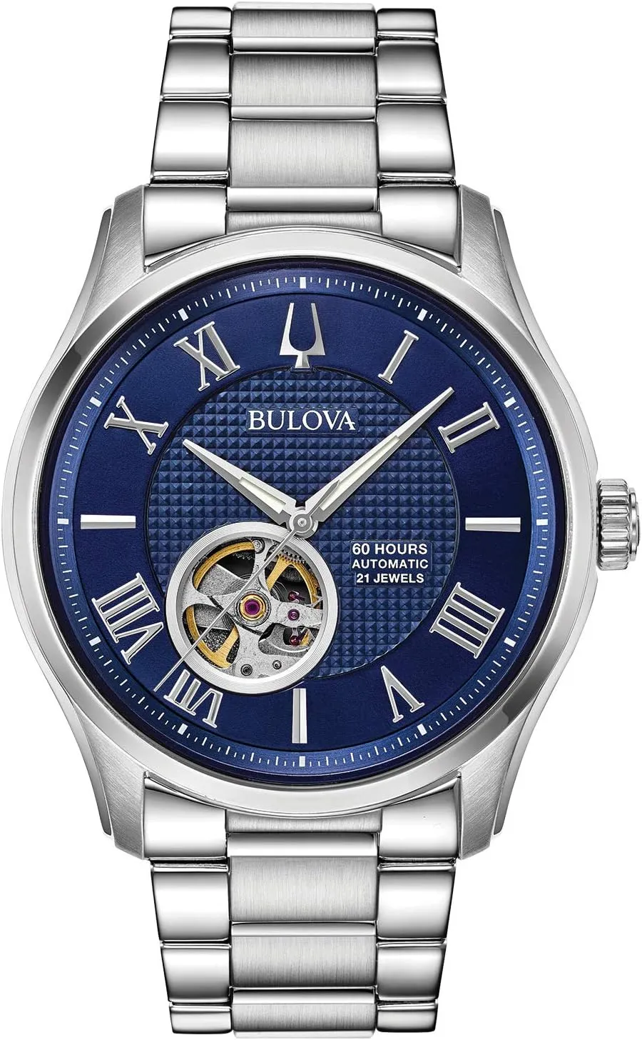 Numeral Markers Domed Sapphire quit acquaint pit wax tube French Crystal, 43mm Bulova Men's Classic Wilton 3-Hand 21-Jewel Automatic Watch, 60 Hour Power Reserve, Luminous Hands, Open Aperture, Roman 