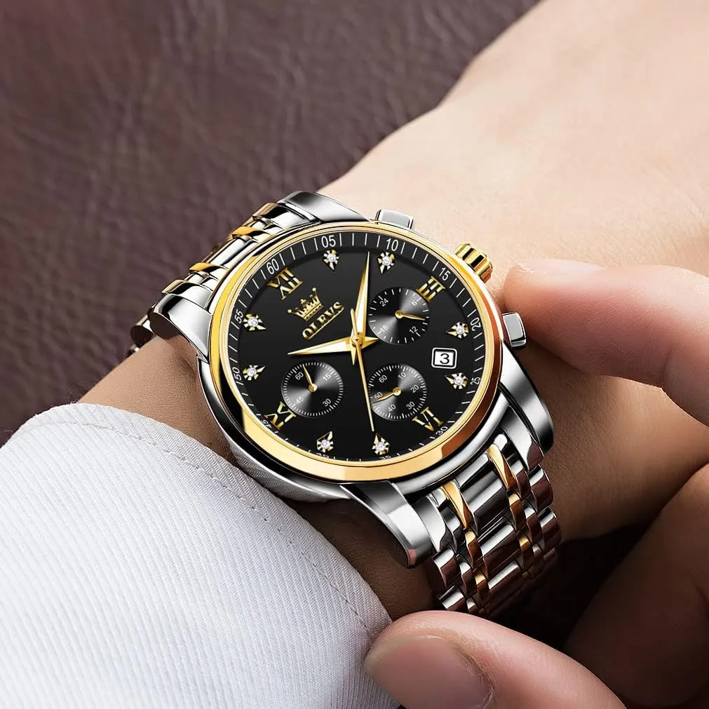 Numerals Dial Dress Watch for Men OLEVS Men's Stainless Steel Chronograph Watch, Big Face Gold Silver Black unfertilized handle Tone Easy to Read Analog Quartz Watch, Luxury Waterproof Date Diamond Roman Arabic 