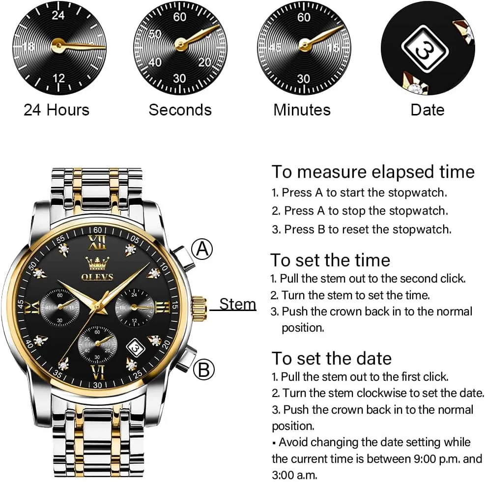 Numerals Dial Dress Watch for Men OLEVS Men's Stainless Steel Chronograph Watch, Big Face Gold Silver Black unfertilized handle Tone Easy to Read Analog Quartz Watch, Luxury Waterproof Date Diamond Roman Arabic 