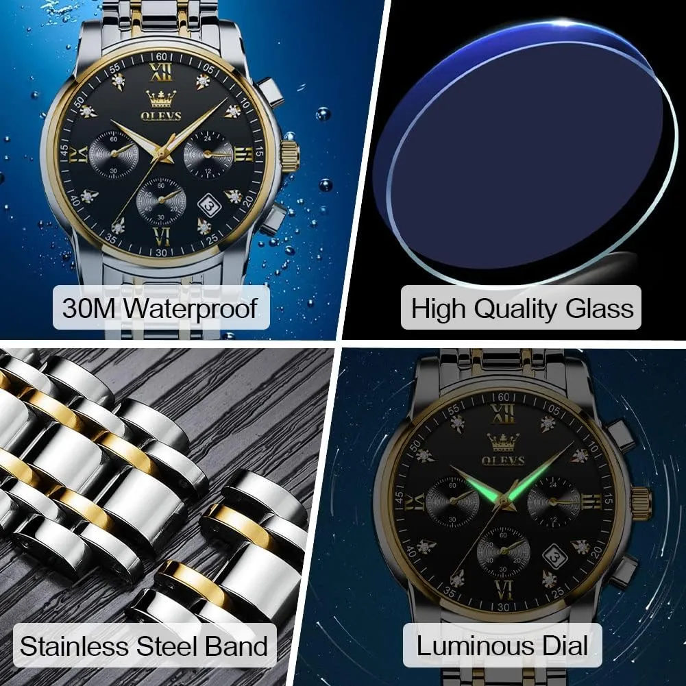 Numerals Dial Dress Watch for Men OLEVS Men's Stainless Steel Chronograph Watch, Big Face Gold Silver Black unfertilized handle Tone Easy to Read Analog Quartz Watch, Luxury Waterproof Date Diamond Roman Arabic 