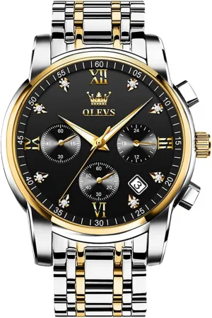 Numerals Dial Dress Watch for Men OLEVS Men's Stainless Steel Chronograph Watch, Big Face Gold Silver Black unfertilized handle Tone Easy to Read Analog Quartz Watch, Luxury Waterproof Date Diamond Roman Arabic 