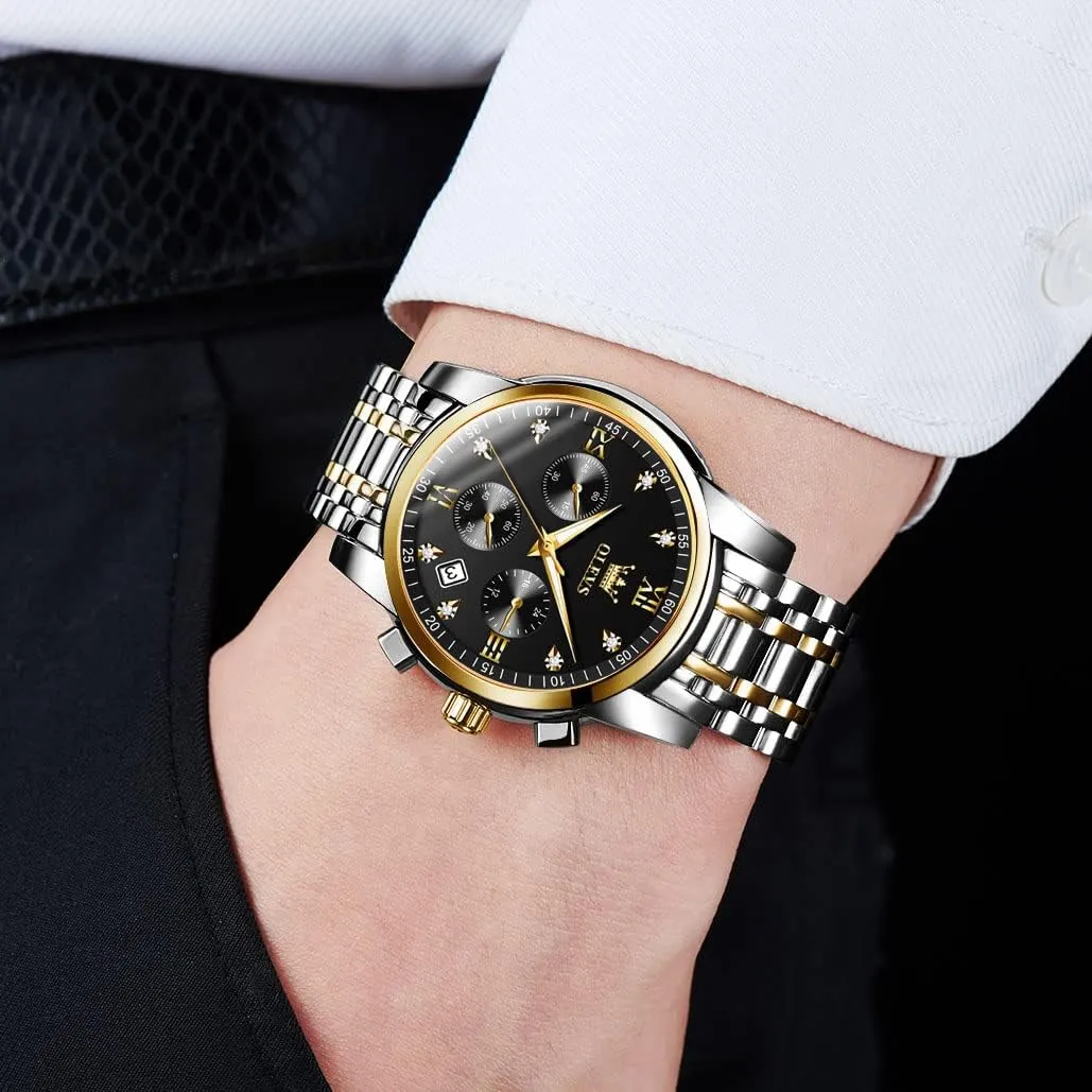 Numerals Dial Dress Watch for Men OLEVS Men's Stainless Steel Chronograph Watch, Big Face Gold Silver Black unfertilized handle Tone Easy to Read Analog Quartz Watch, Luxury Waterproof Date Diamond Roman Arabic 