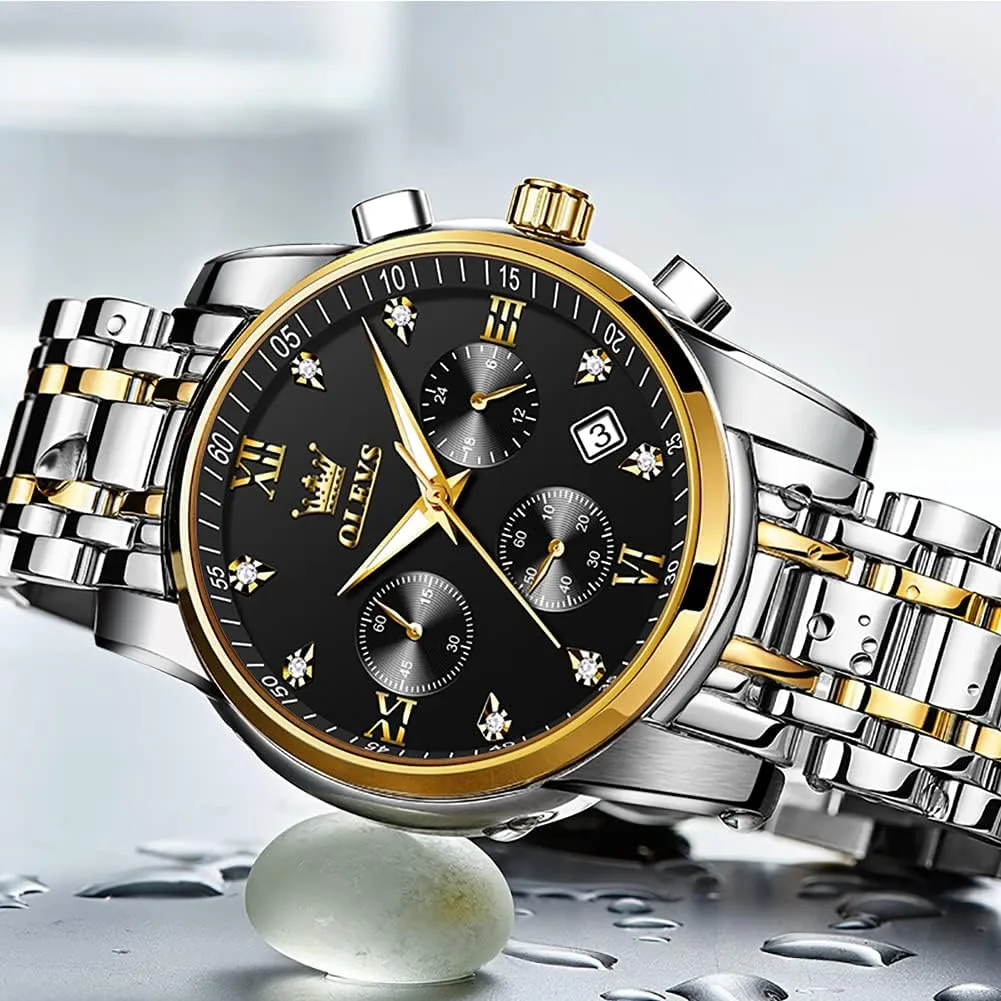 Numerals Dial Dress Watch for Men OLEVS Men's Stainless Steel Chronograph Watch, Big Face Gold Silver Black unfertilized handle Tone Easy to Read Analog Quartz Watch, Luxury Waterproof Date Diamond Roman Arabic 