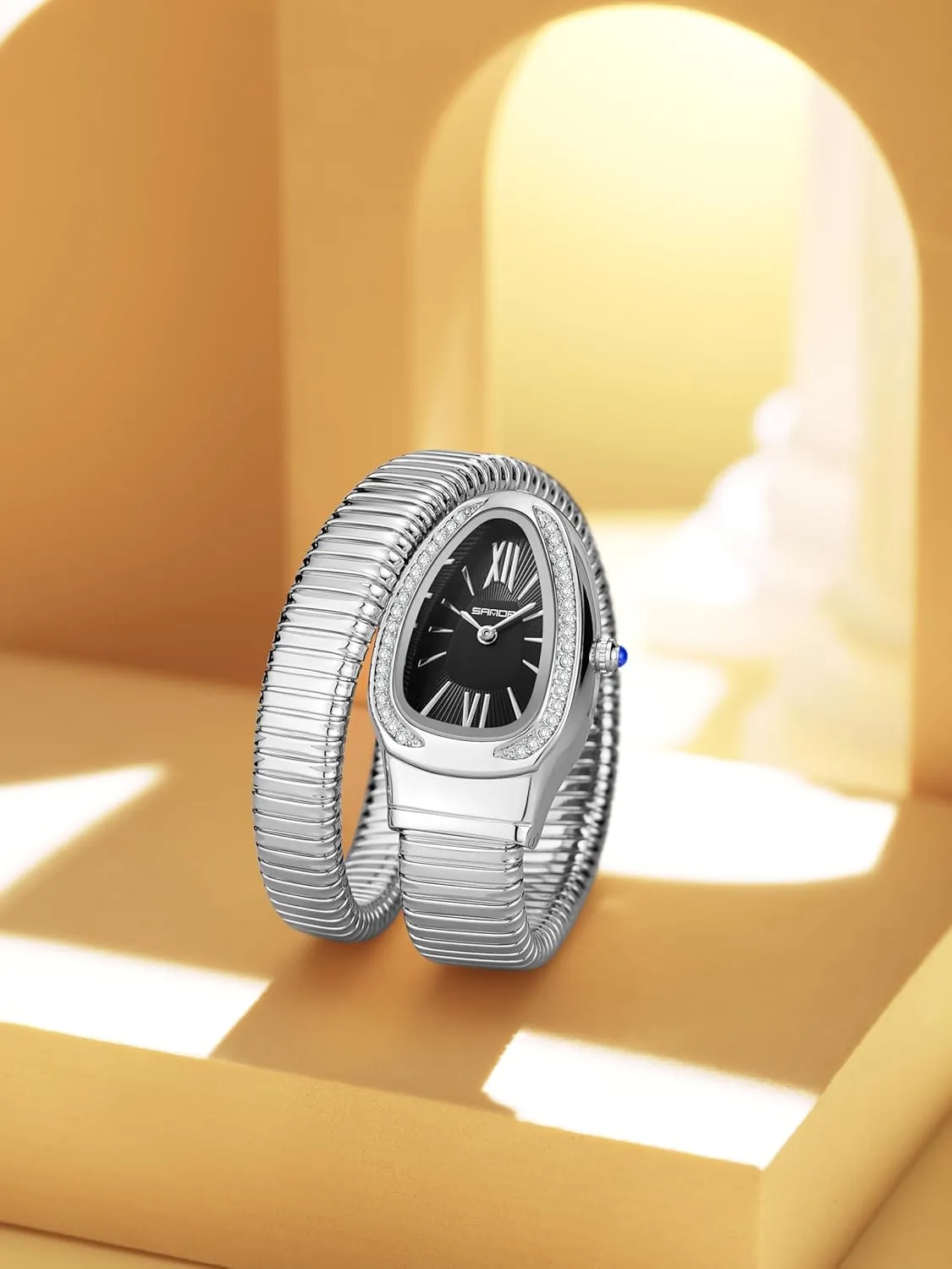 Numerals Dial Gosasa Stylish Women's Snake Shape Bangle Watch Unique Design Snake Coil Elegant Dress Diamond Bracelet Ladies nomad pedagogical instructive adequate elevation scenario Quartz Wristwatch with Roman 