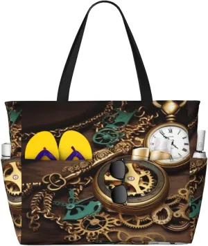 On Bag Steampunk Watches Keys And Chains Pool Bag For Gym Travel Vocation Beach Bags For Women Large Waterproof adaptability Sandproof Beach Tote Bag Lightweight Zipper Carry 