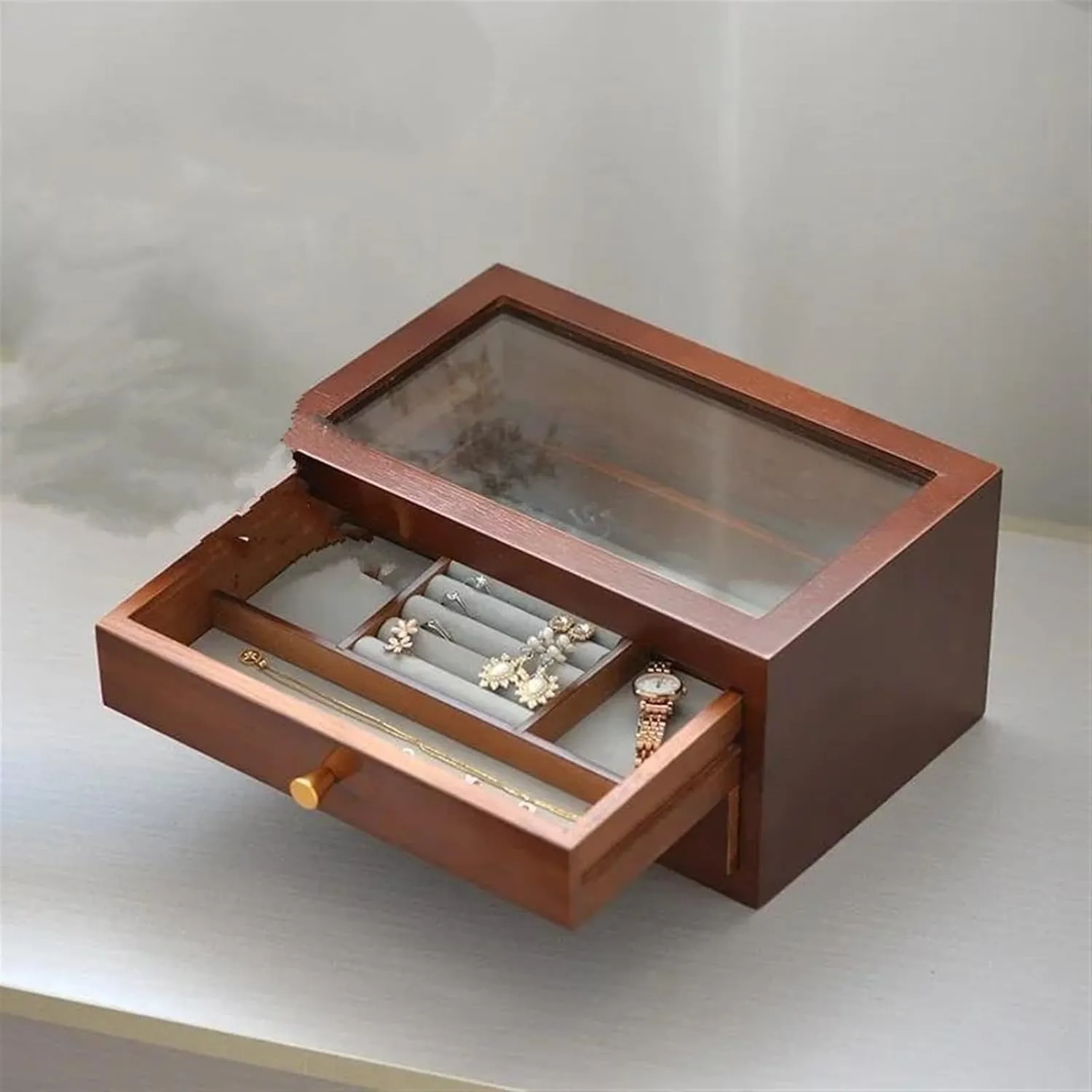 Organiser Wood Jewelry Box Transparent Drawer Ring Necklace Bracelet Jewelry Boxes Organizer Tray Display ball Earrings Accessories Storage Earring Jewellery Box Necklace Jewellery Box(B) Necklace 