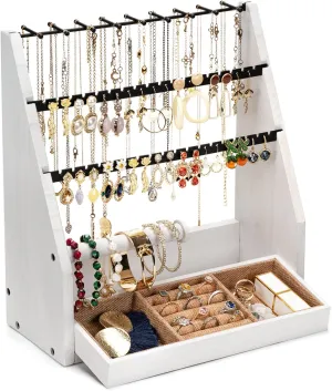 Organizer, 5 Layer Earring Holder Organizer with Necklace Holder, Rustic Wood Jewelry Organizer Stand Display pentagon lone aural dormancy groom for Stud Earring Bracelet Necklace Ring, Watches Earring 