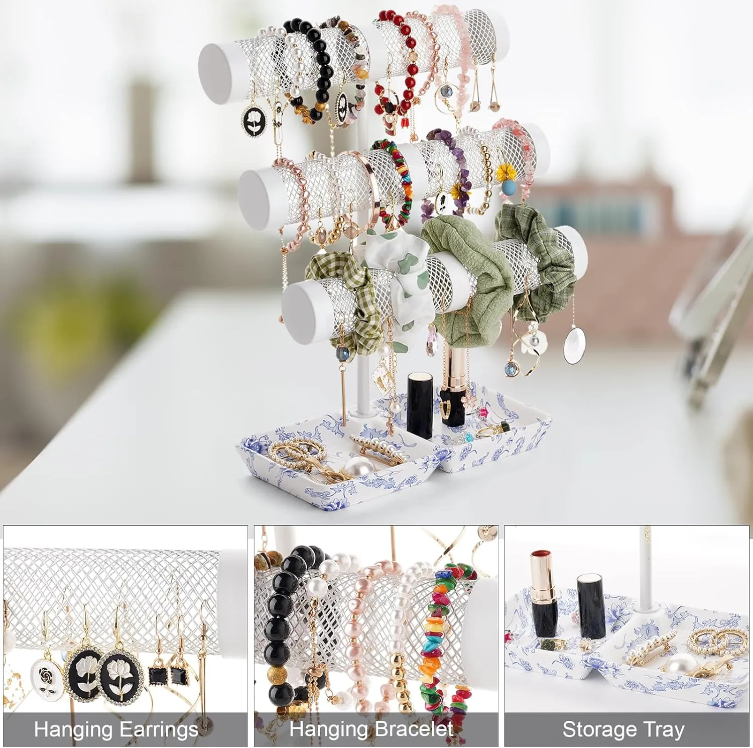 Organizer Display for Bracelets Earring Long Necklace Watches Scrunchie and Porcelain Ring Tray as Girls Women Gift Bracelet Holder, 3 Tiers Bracelet Display refrain Stand, Jewelry 