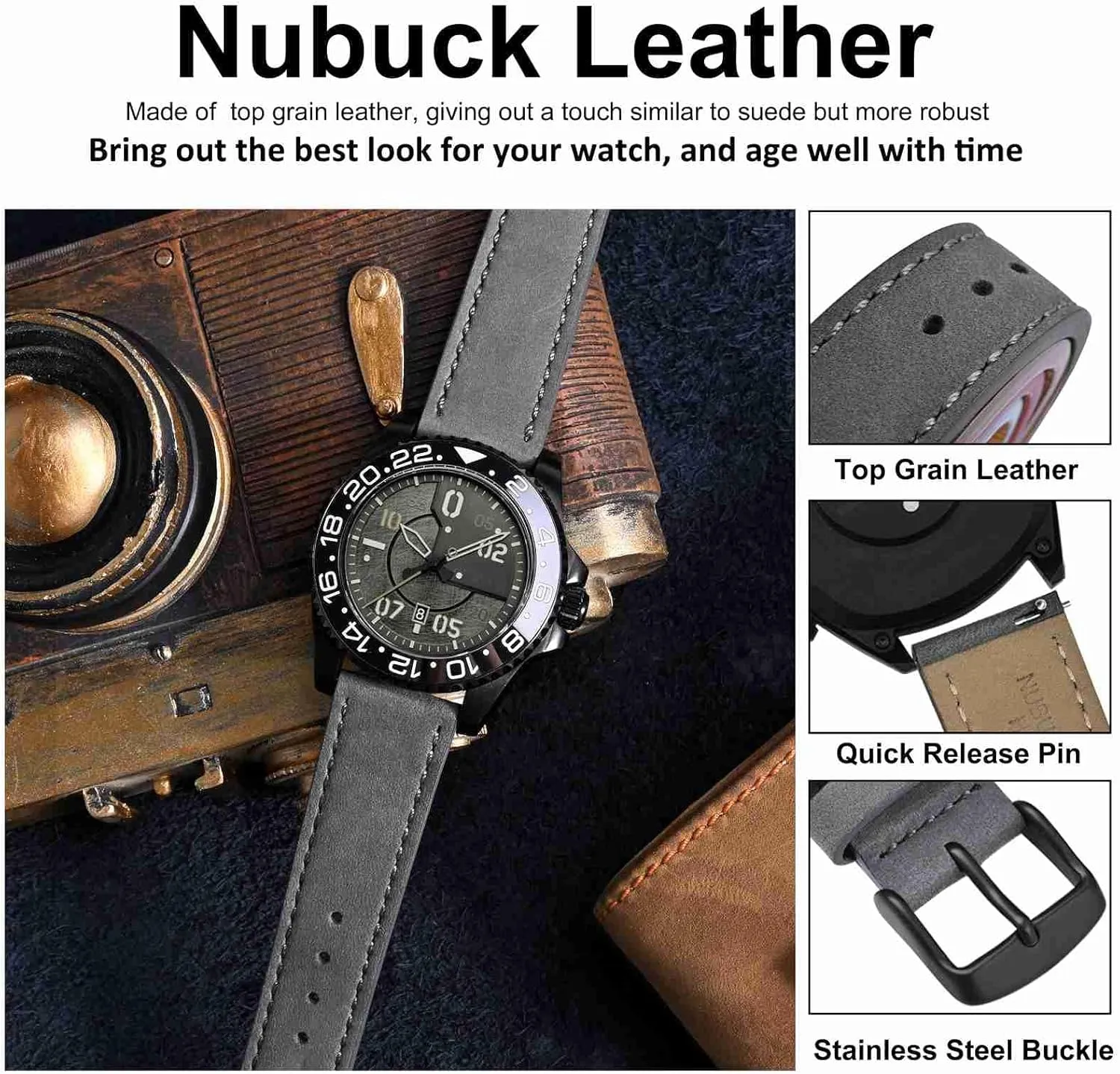 outlaw with Black Buckle (Grey) WOCCI 20mm Retro Leather Watch Band for Men and Women, Quick Release Replacement Strap 