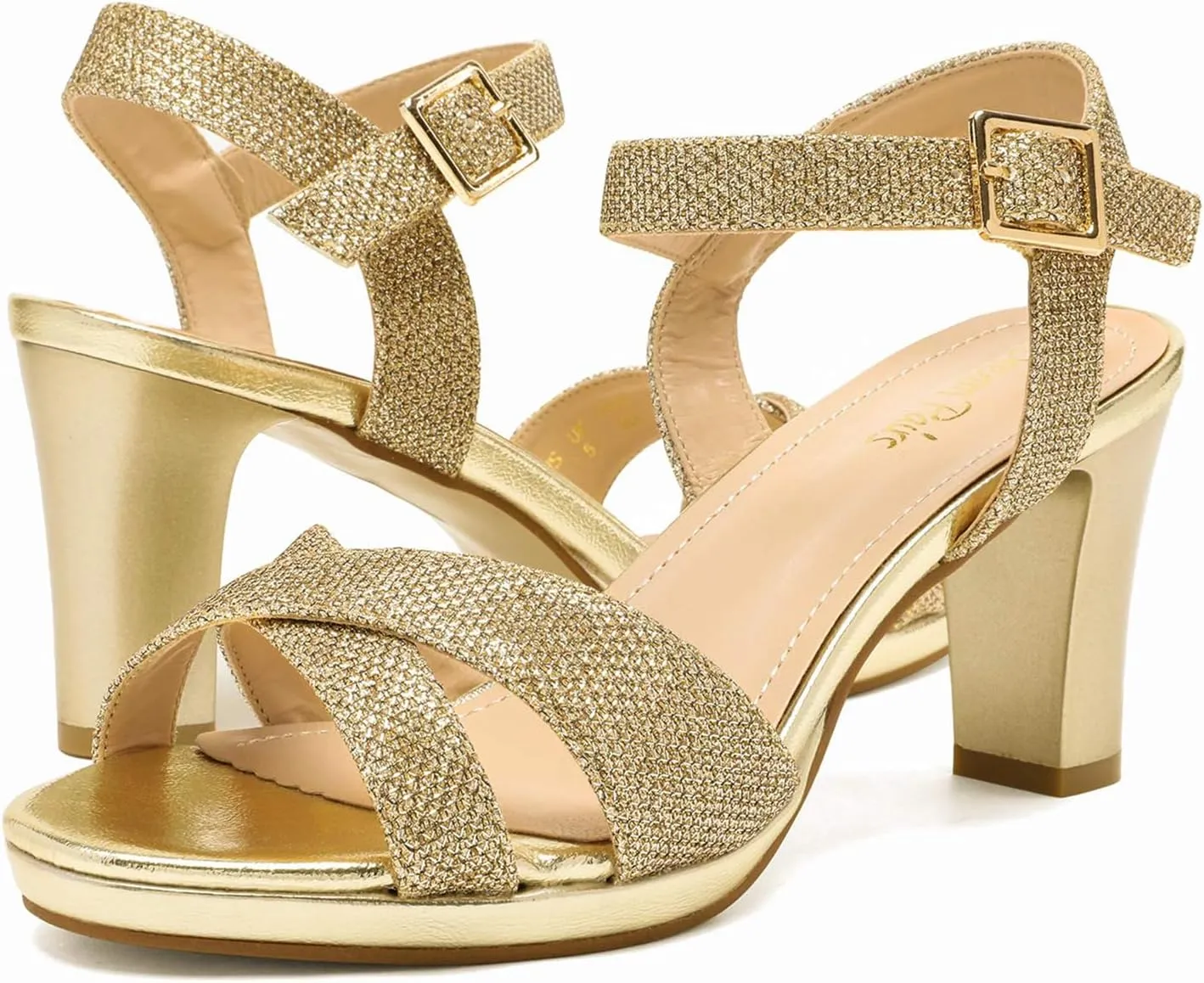 PAIRS center quantum zirconium Women's Chunky Heels Open Toe Ankle Strap Sparkly Heels Pump Sandals DREAM 
