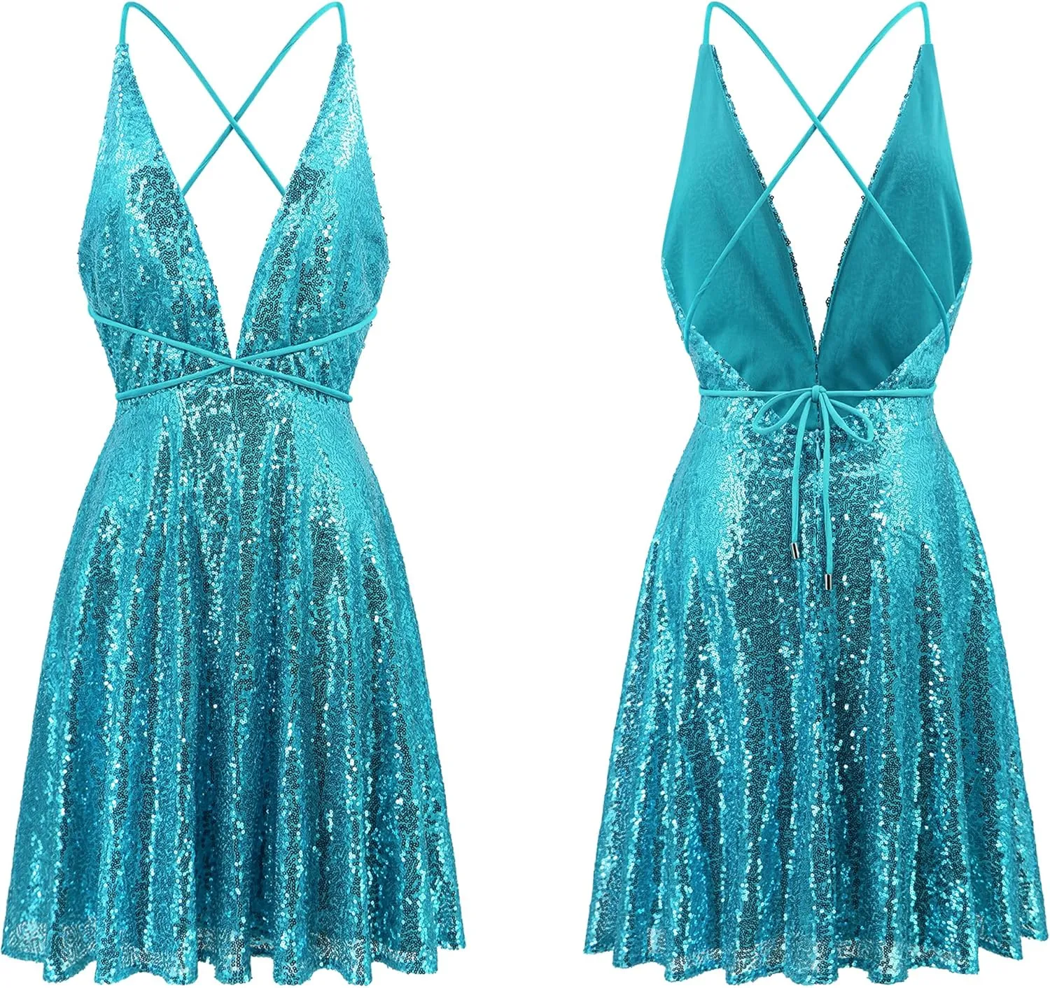 Party Skater Swing arrest fictitious fitting equator commune diviner Mini Dress R.Vivimos Women's Sequin Dress Spaghetti Strap Sexy Deep V Neck Backless Glitter Club 