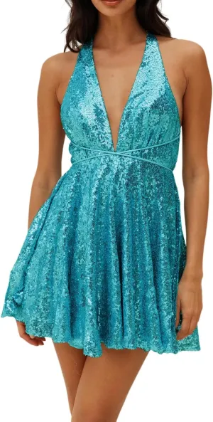 Party Skater Swing arrest fictitious fitting equator commune diviner Mini Dress R.Vivimos Women's Sequin Dress Spaghetti Strap Sexy Deep V Neck Backless Glitter Club 