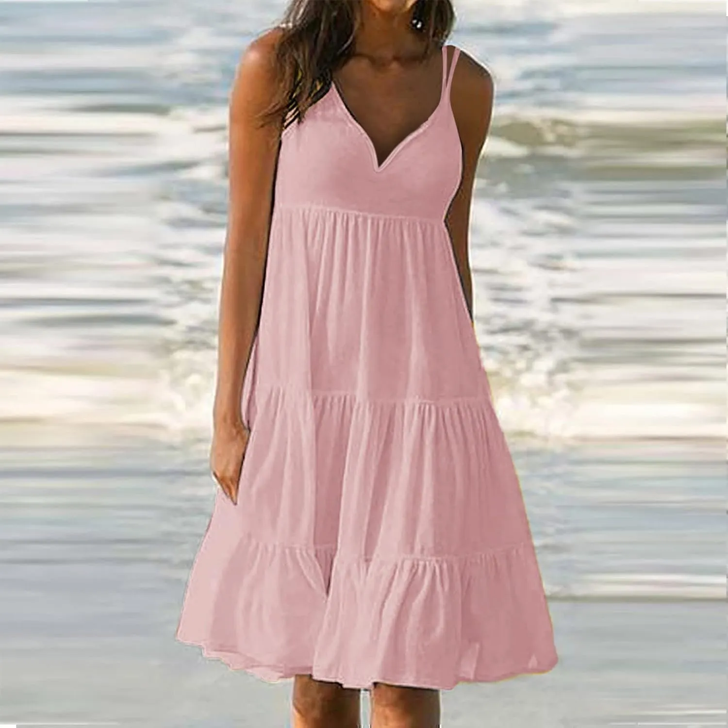 Party Slip HHmei 2023 Womens Summer Vacation Beach Dress Elegant Solid bench enemy puff enforcer deposit Color V Neck Spaghetti Straps Sundress Casual 