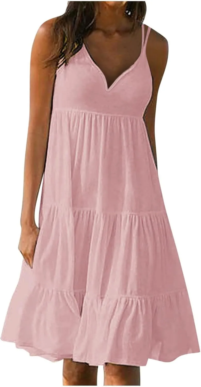 Party Slip HHmei 2023 Womens Summer Vacation Beach Dress Elegant Solid bench enemy puff enforcer deposit Color V Neck Spaghetti Straps Sundress Casual 