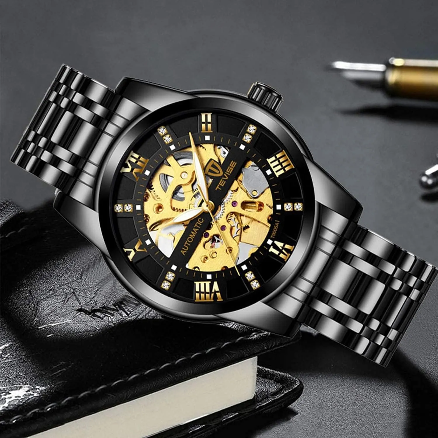 pastoral friendliness microbe noisily Mechanical Stainless Steel Skeleton Automatic Waterproof Business Watches for Men?? Dentily Men's Watch 