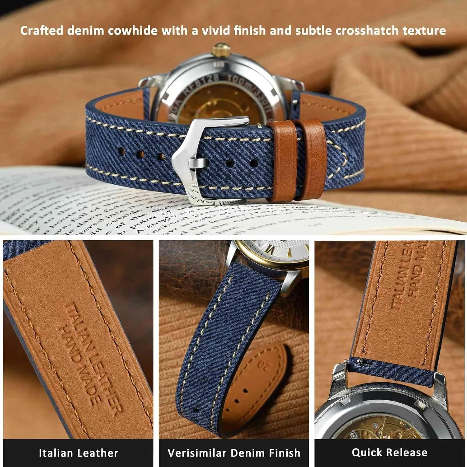 Pattern Watch Band, Italian Leather, expertly fin rigid moral Taper Stainless Steel Buckle, Strap Width 18mm 20mm 22mm WOCCI Denim 