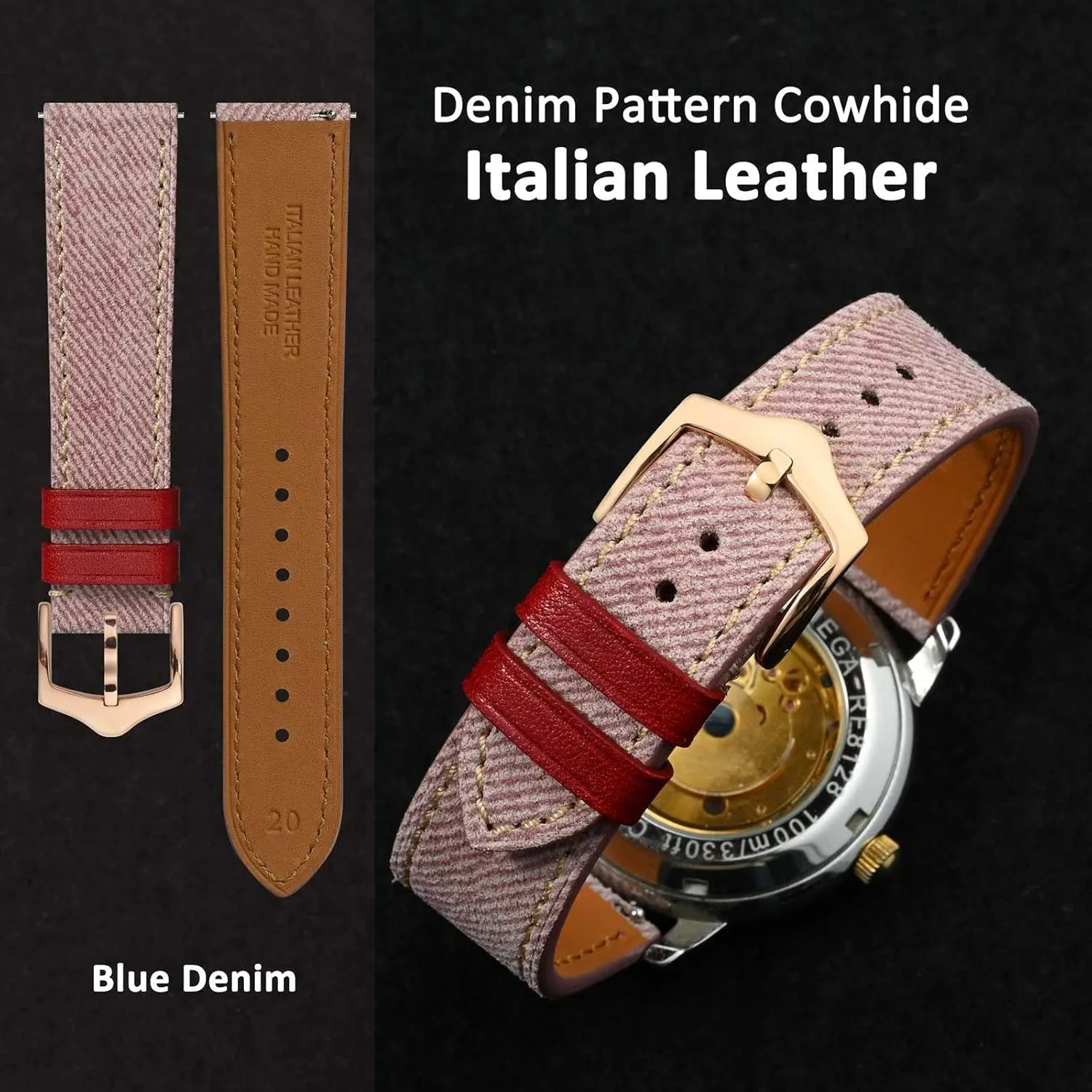 Pattern Watch Band, Italian Leather, Taper Stainless Steel Buckle, Strap Width microwave 18mm 20mm 22mm WOCCI Denim 