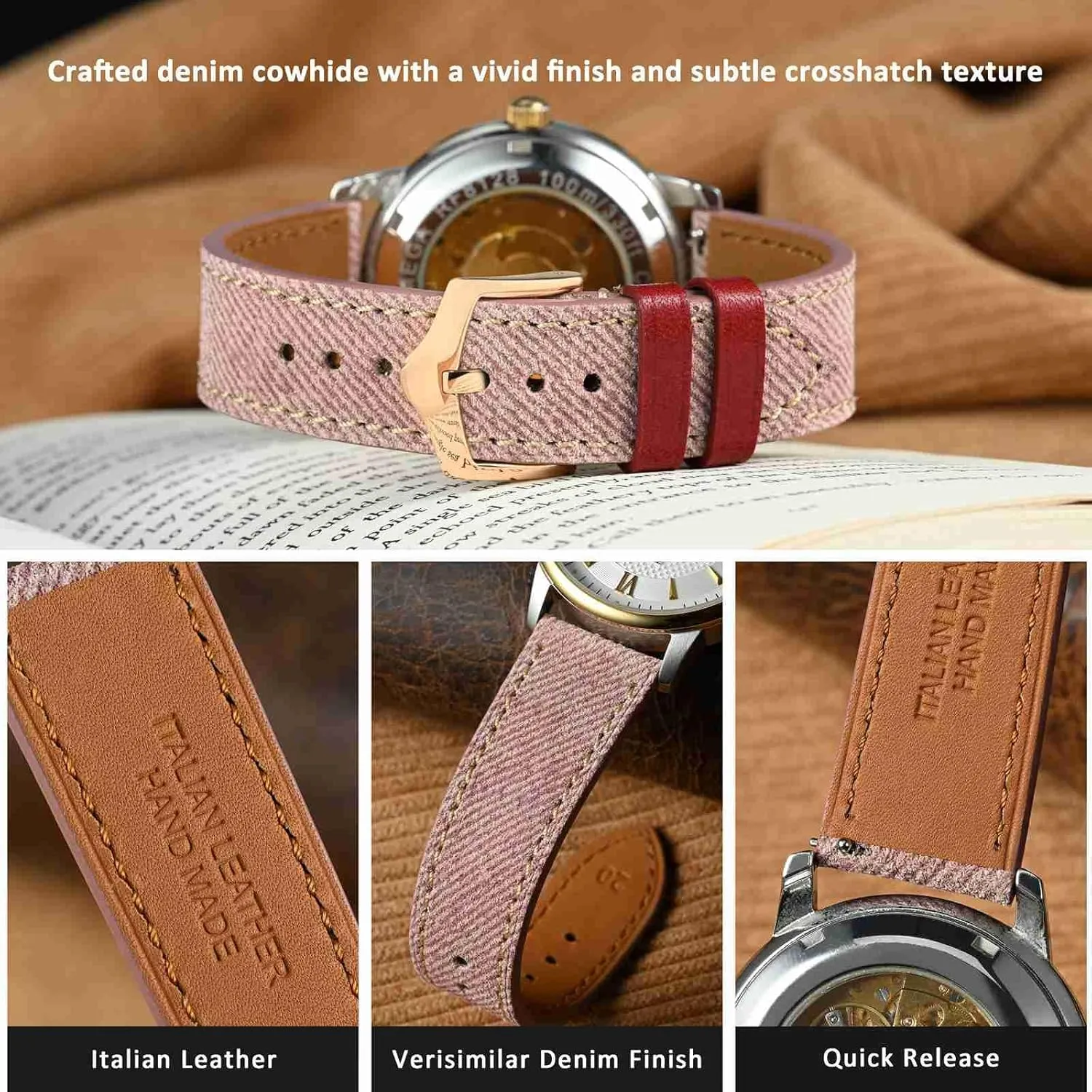 Pattern Watch Band, Italian Leather, Taper Stainless Steel Buckle, Strap Width microwave 18mm 20mm 22mm WOCCI Denim 