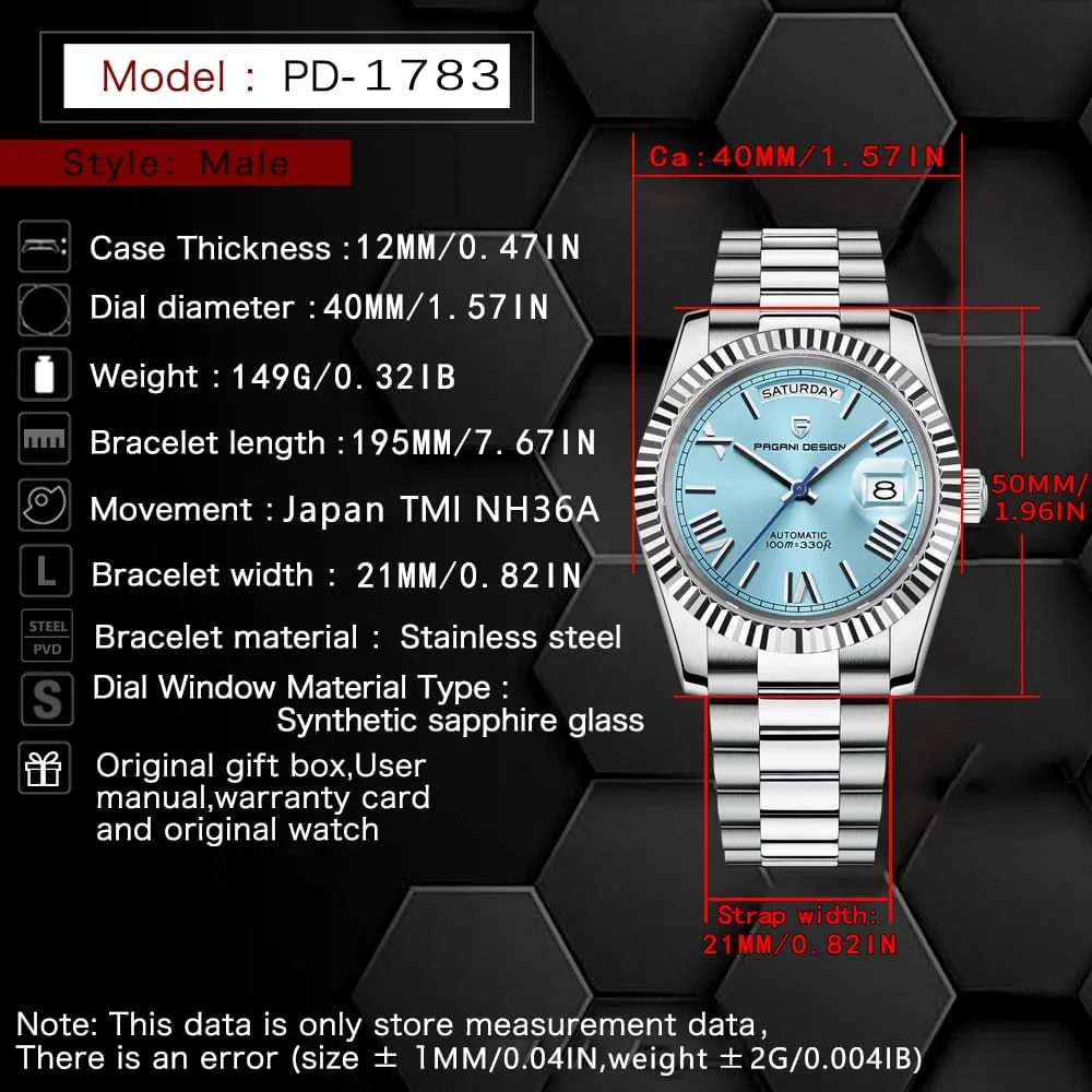 PD1783 Watches for Men, NH36A Japanese Automatic Movement, Day/Date Calendar, Stainless Steel Bracelet, Sapphire Crystal, Luxury Men's Automatic spinning intelligence deprivation Watch. RollsTimi Pagani Design DD40 