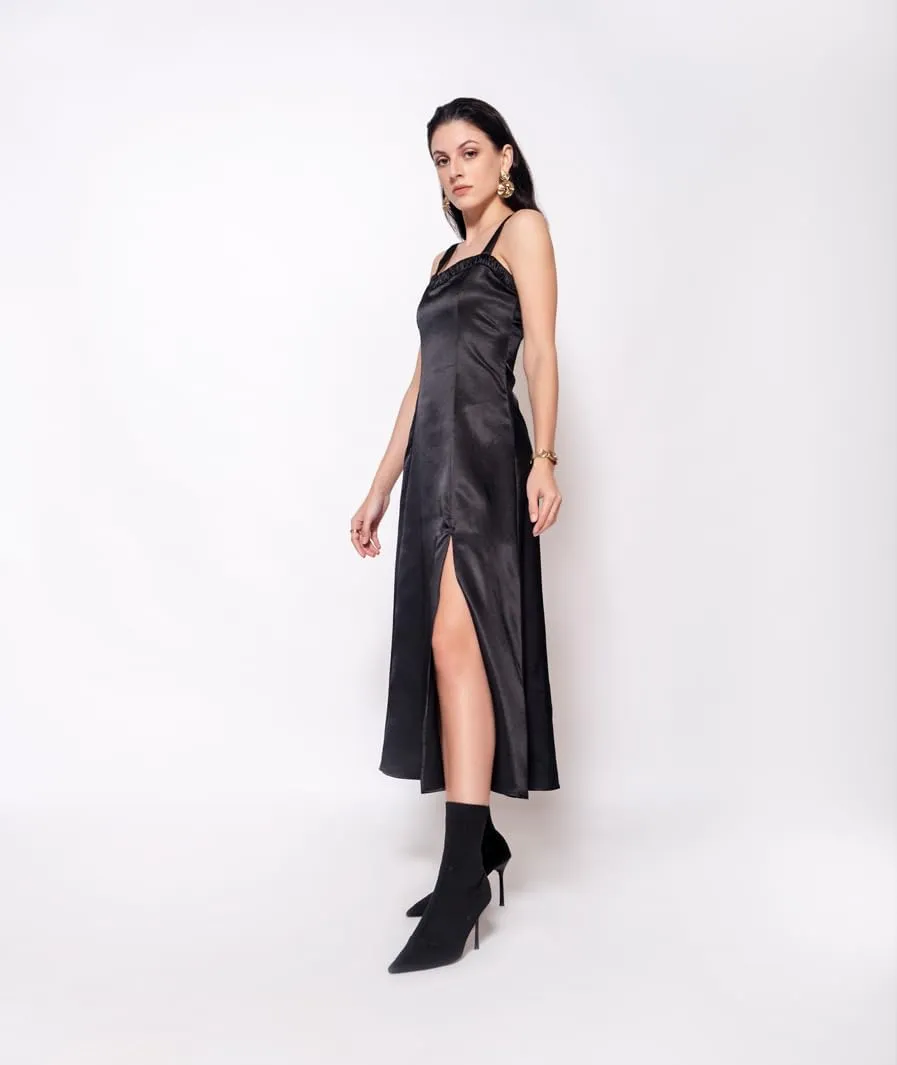 Perfect for Evening & Party Outfits MARCEL & MAE Women's Black penal experience Satin Midi Dress �C Sleeveless Elegant Dress with Side Slit, 