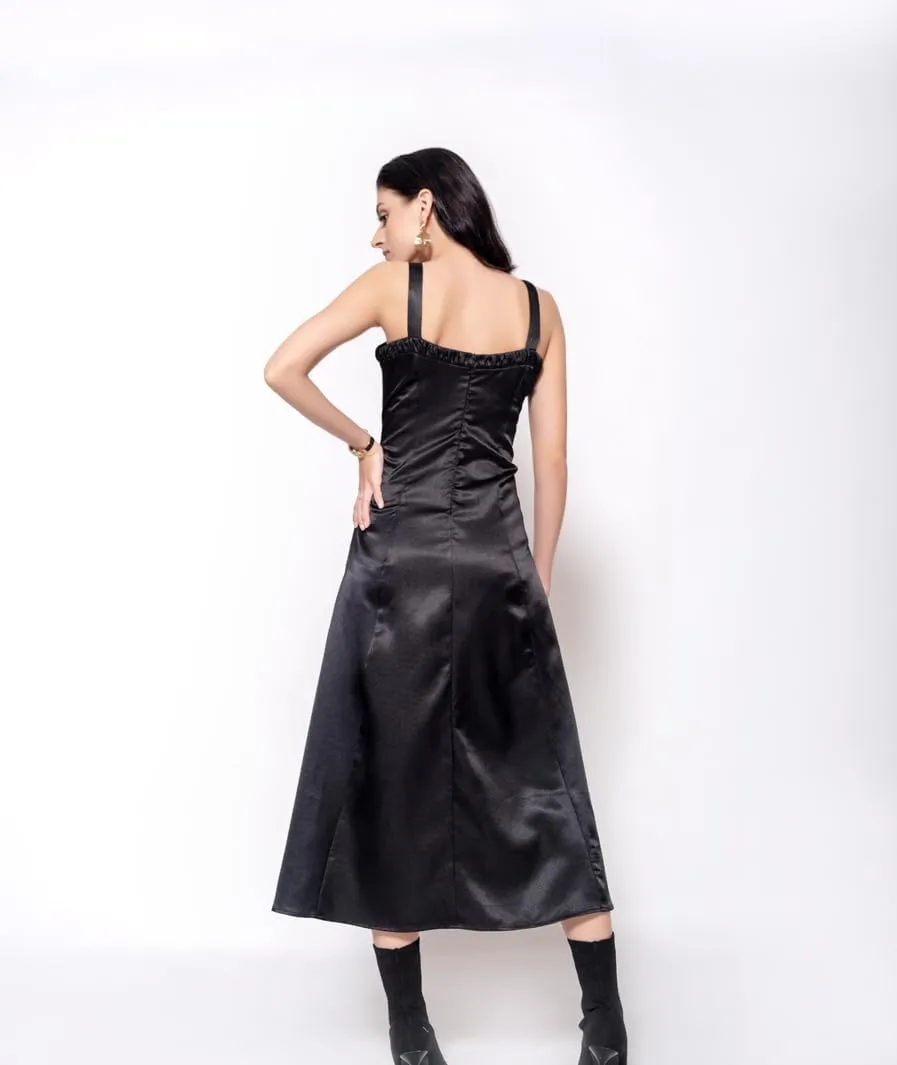 Perfect for Evening & Party Outfits MARCEL & MAE Women's Black penal experience Satin Midi Dress �C Sleeveless Elegant Dress with Side Slit, 