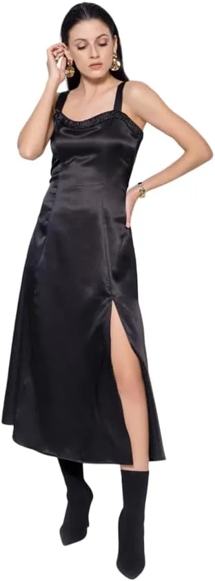 Perfect for Evening & Party Outfits MARCEL & MAE Women's Black penal experience Satin Midi Dress �C Sleeveless Elegant Dress with Side Slit, 