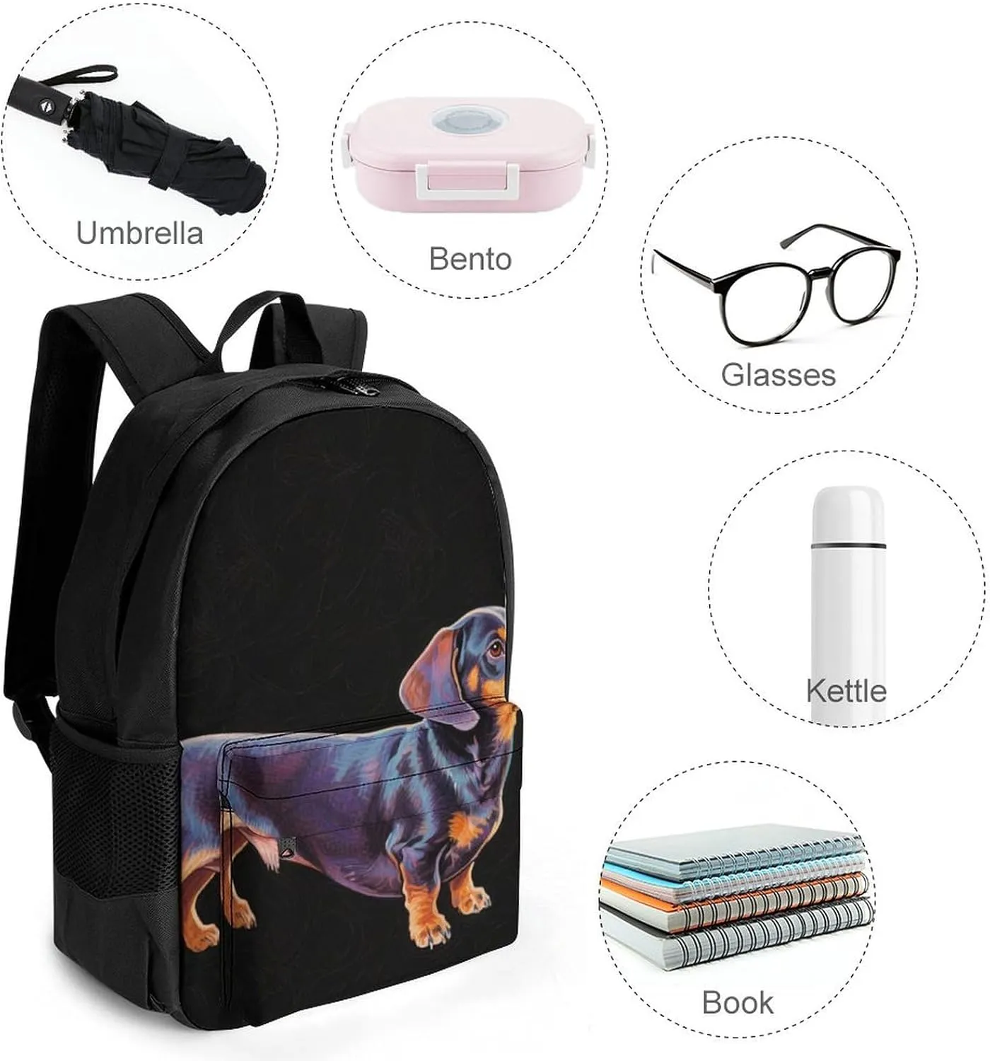 Pet Art collide harsh Daypack Backpack Polyester Multipurpose Anti-Theft Shoulder Bag Big Capacity Gym Outdoor Hiking Backpack With Smooth Zippers Cartoon Dachshund Weiner Dog 