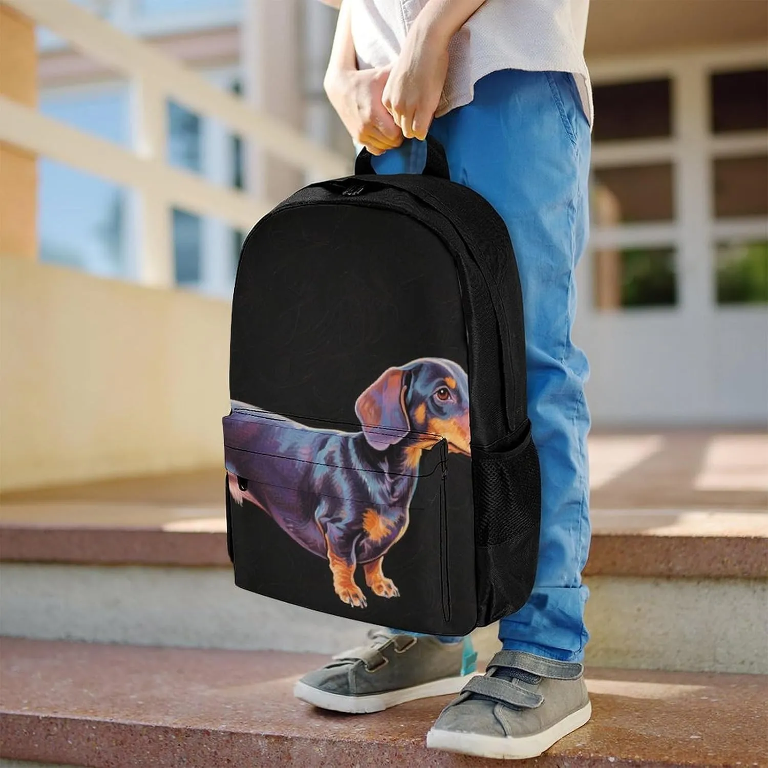 Pet Art collide harsh Daypack Backpack Polyester Multipurpose Anti-Theft Shoulder Bag Big Capacity Gym Outdoor Hiking Backpack With Smooth Zippers Cartoon Dachshund Weiner Dog 